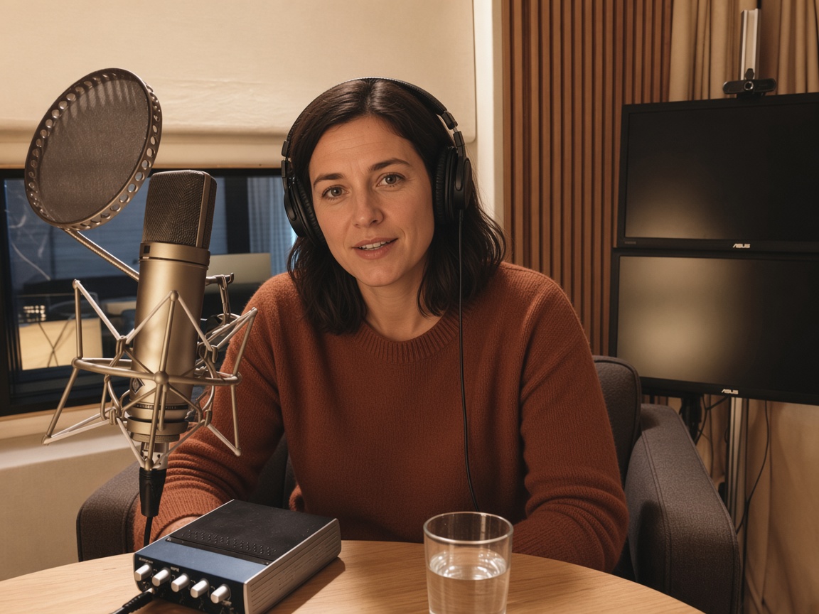 Sprecherin am Aufnahmetisch im Audio-Studio