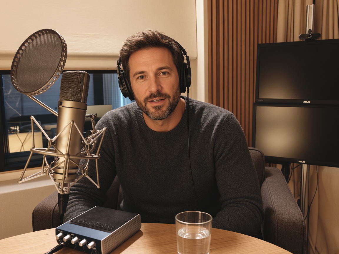 Podcast-Aufnahme: Host am Tisch mit Mikrofon im Mietstudio